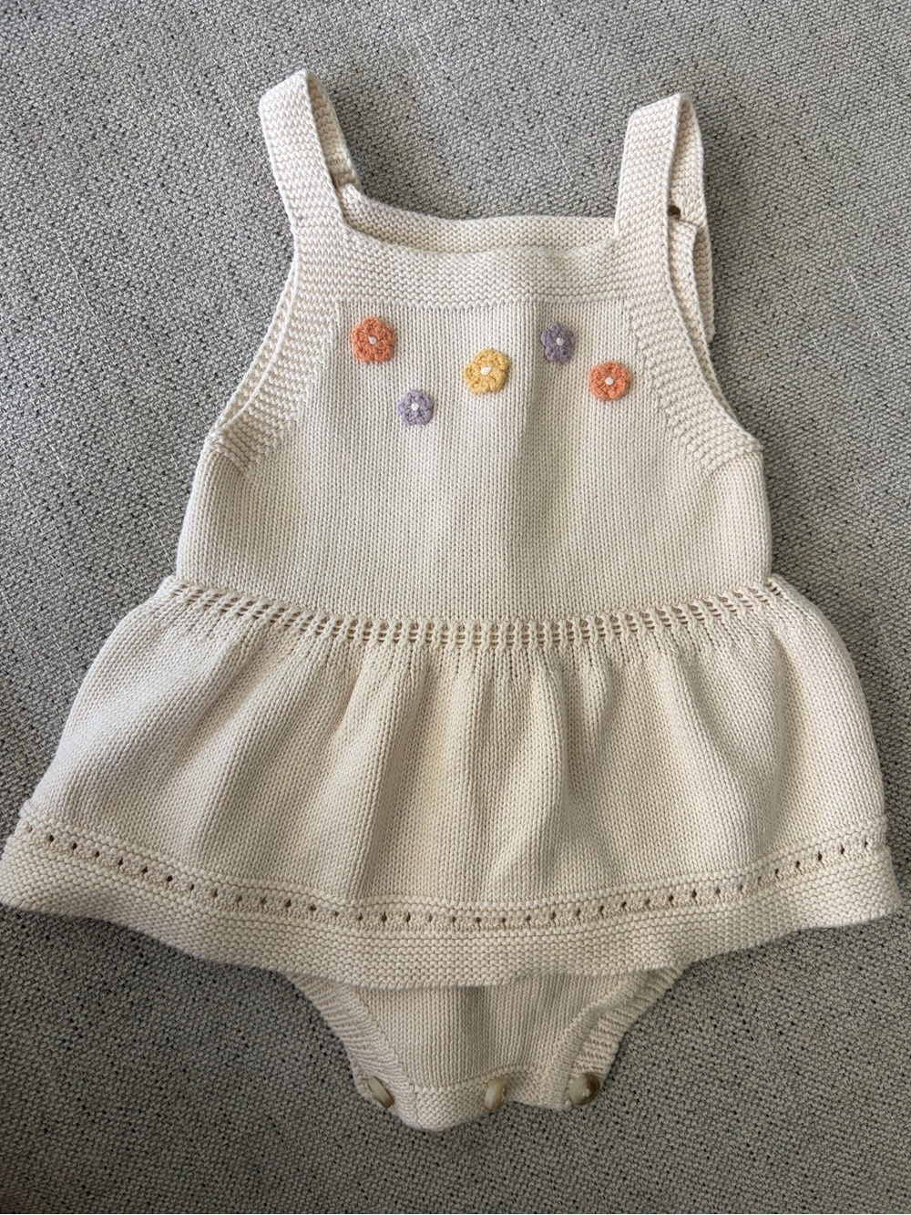 Cream Knit Baby Dress Romper with Pastel Flower Details